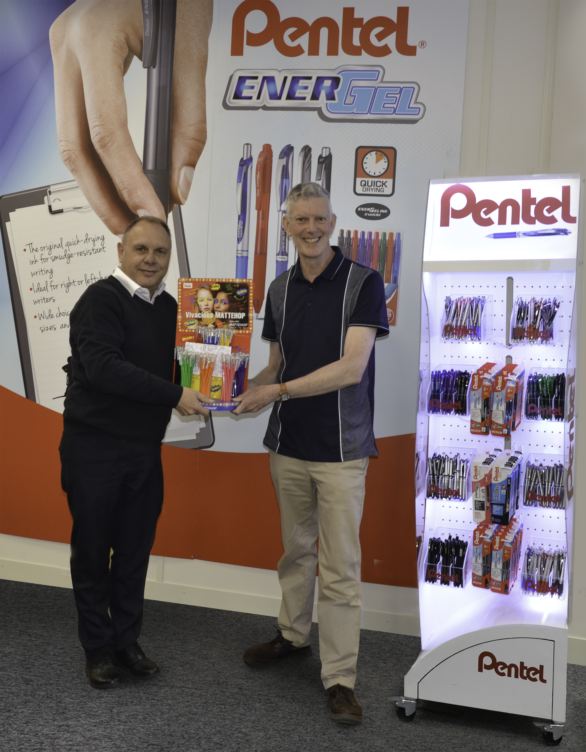 Winning retailer Ray Williams of JPS Stationers with Pentel's John Cotterell.jpg